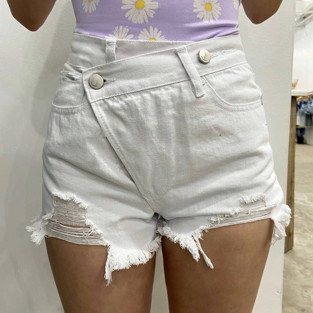 graffiti boutique cross over white denim shorts